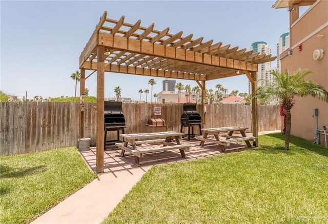 view of patio / terrace featuring a grill and a pergola