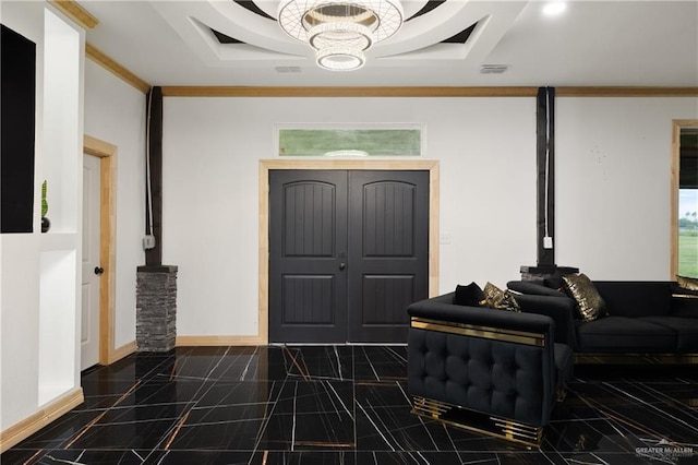 2115 Mile 3 N, Mercedes, TX 78570 - entrance foyer featuring a chandelier, baseboards, crown molding, and a raised ceiling