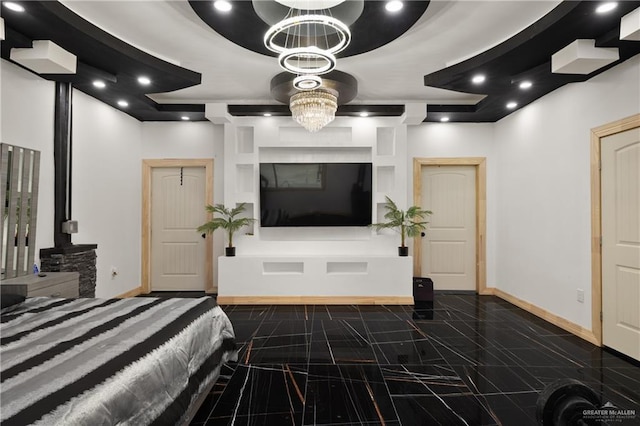 2115 Mile 3 N, Mercedes, TX 78570 - bedroom featuring baseboards, a raised ceiling, a chandelier, and dark marble finish floors