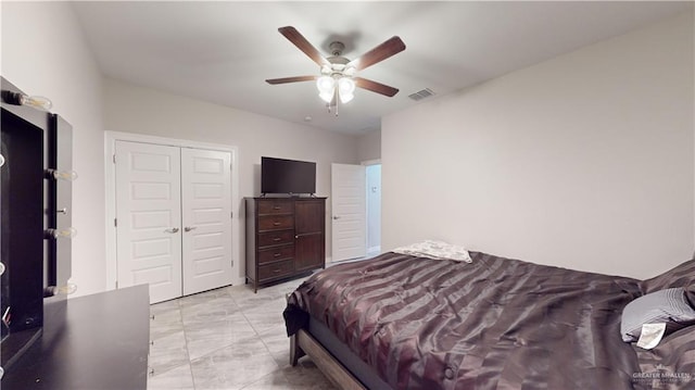 bedroom with ceiling fan and a closet