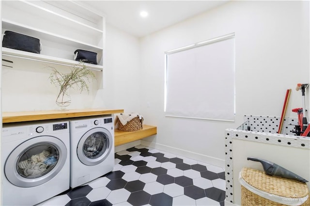 laundry area featuring tile patterned floors, recessed lighting, separate washer and dryer, baseboards, and laundry area