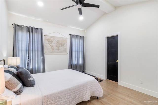 bedroom featuring a ceiling fan, lofted ceiling with beams, wood finished floors, recessed lighting, and baseboards