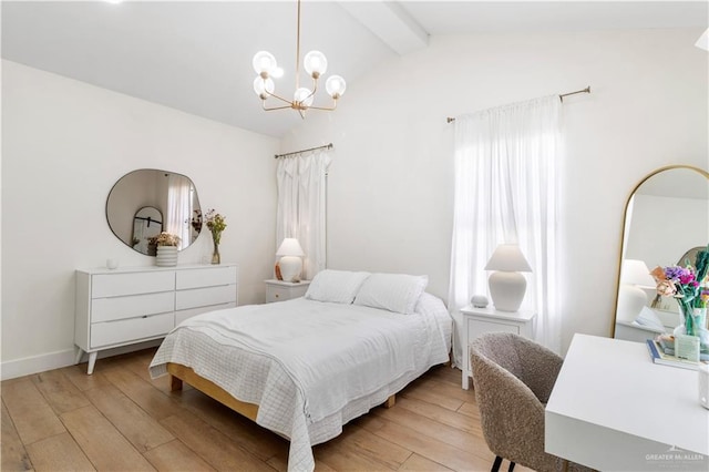 bedroom featuring an inviting chandelier, lofted ceiling with beams, baseboards, and light wood finished floors