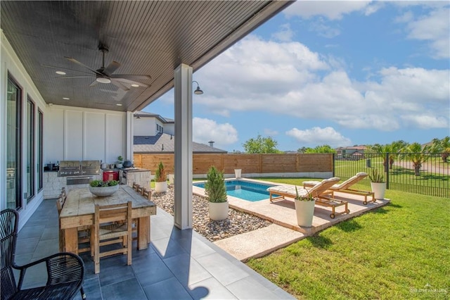 view of patio / terrace with a ceiling fan, outdoor dining area, a fenced backyard, and a fenced in pool