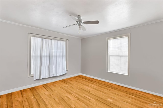 spare room with ornamental molding, ceiling fan, and light wood-type flooring