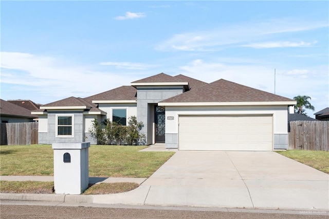 single story home with a front yard and a garage