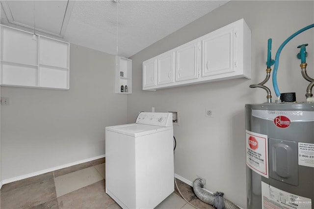 laundry area with washer / clothes dryer, cabinets, water heater, and a textured ceiling