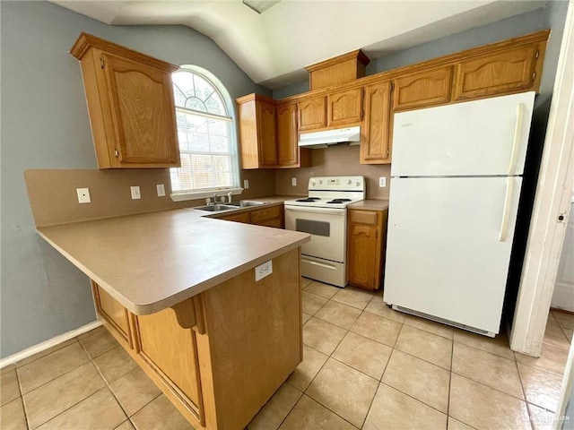 kitchen featuring under cabinet range hood, a peninsula, white appliances, a sink, and light countertops