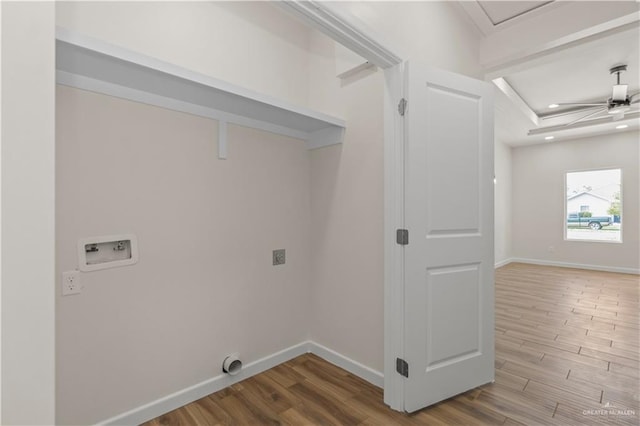 laundry room featuring hardwood / wood-style flooring, ceiling fan, washer hookup, and hookup for an electric dryer