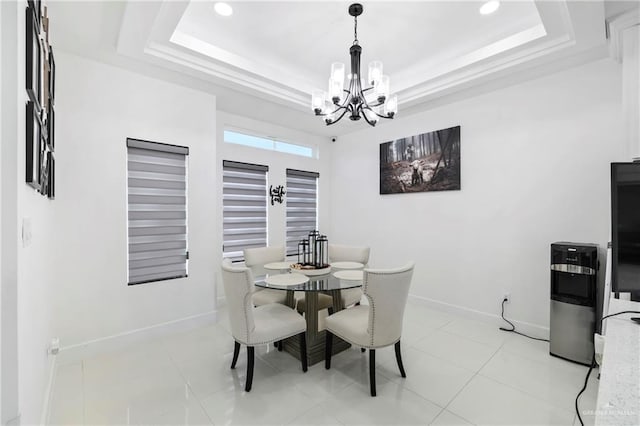 dining room with baseboards, recessed lighting, a raised ceiling, light tile patterned floors, and a notable chandelier