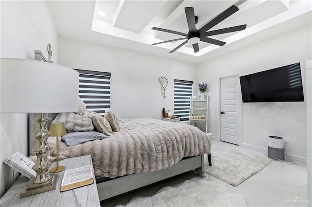 bedroom featuring a ceiling fan and a skylight