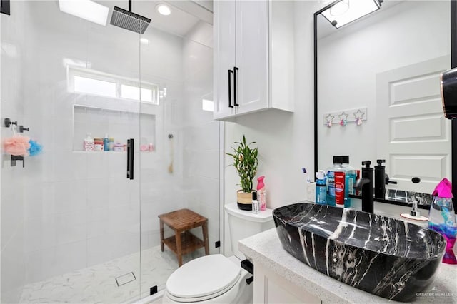 bathroom featuring toilet, a shower stall, and vanity