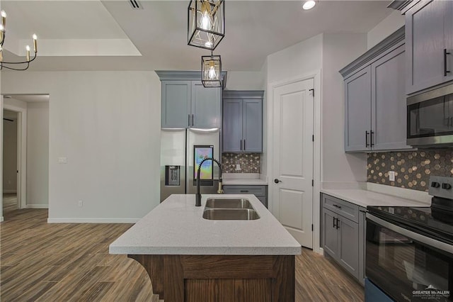 kitchen featuring backsplash, a center island with sink, sink, and appliances with stainless steel finishes