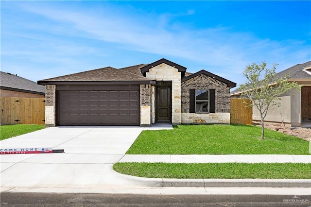 ranch-style house with brick siding, fence, driveway, and a garage