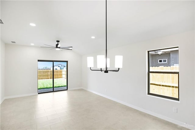 empty room featuring baseboards, recessed lighting, ceiling fan, and visible vents