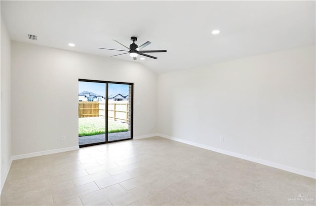 empty room featuring baseboards, a ceiling fan, recessed lighting, and visible vents