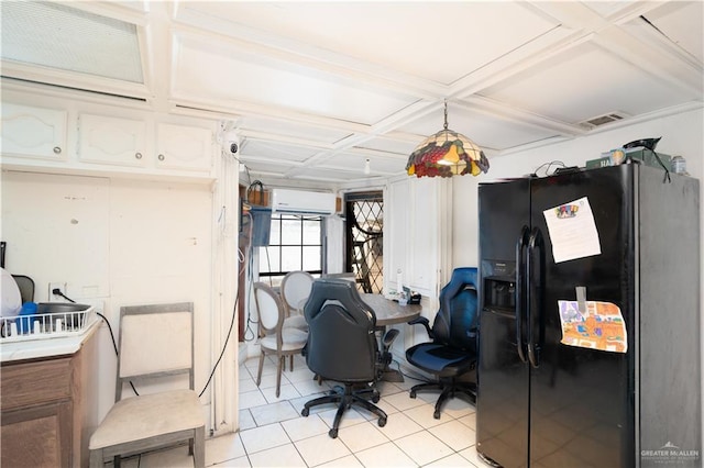 tiled home office with coffered ceiling, beam ceiling, and a wall mounted AC