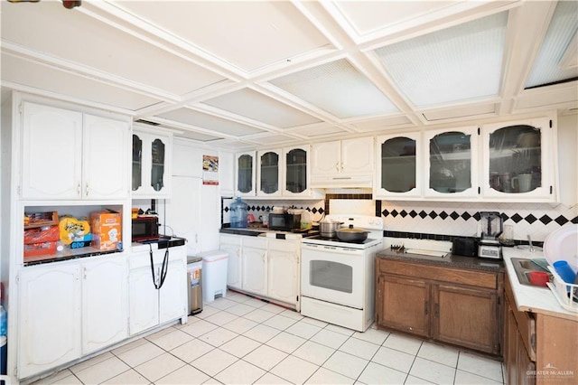 kitchen with tasteful backsplash, white electric range, coffered ceiling, and white cabinets