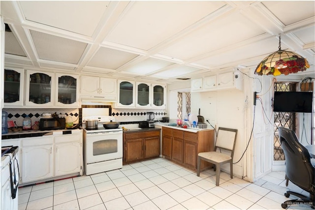 kitchen featuring sink, white electric range, backsplash, beam ceiling, and coffered ceiling