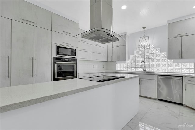 3207 E San Luis Cir, Mission, TX 78573 - kitchen with island range hood, stainless steel dishwasher, oven, built in microwave, and light marble finish floors