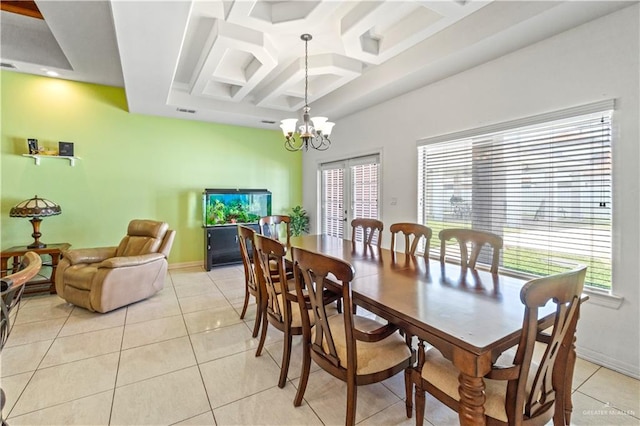 dining space with light tile patterned floors, baseboards, coffered ceiling, and a notable chandelier