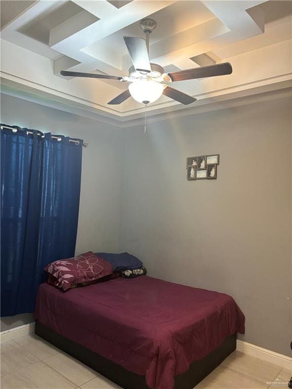 tiled bedroom with ceiling fan and billiards