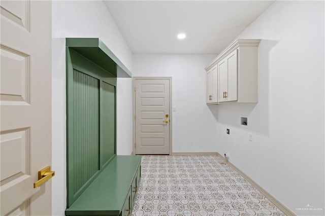 clothes washing area featuring hookup for a washing machine, recessed lighting, baseboards, cabinet space, and electric dryer hookup