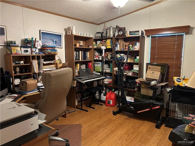 office with crown molding, light hardwood / wood-style flooring, and a textured ceiling