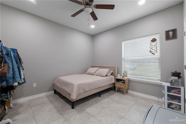 bedroom featuring light tile patterned floors, ceiling fan, baseboards, and recessed lighting