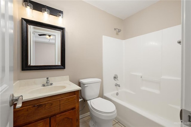 full bathroom featuring shower / tub combination, vanity, toilet, and tile patterned flooring