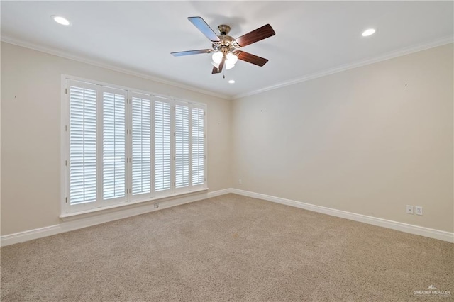 5501 N 1st Ln, Mcallen, TX 78504 - empty room featuring a ceiling fan, light colored carpet, recessed lighting, crown molding, and healthy amount of natural light