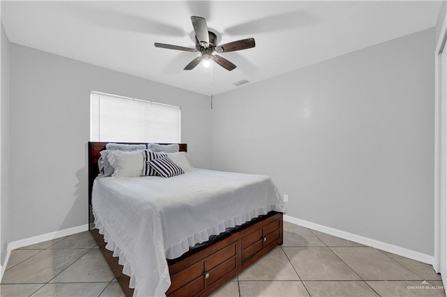 bedroom featuring a ceiling fan, light tile patterned floors, baseboards, and visible vents