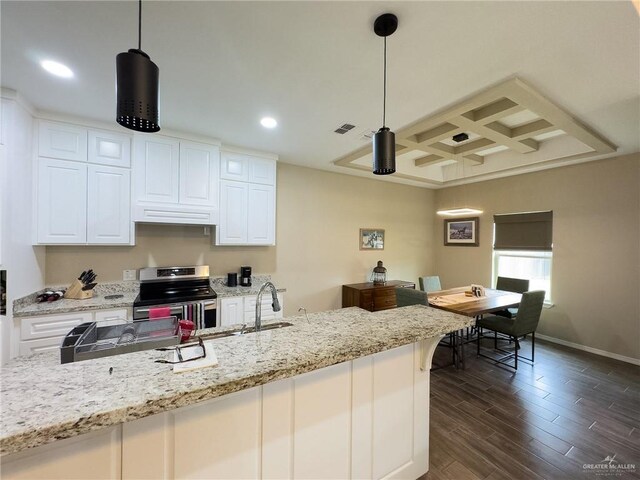 1419 Frente Al Mar Dr, Weslaco, TX 78596 - kitchen with recessed lighting, a sink, stainless steel electric range, coffered ceiling, and white cabinetry