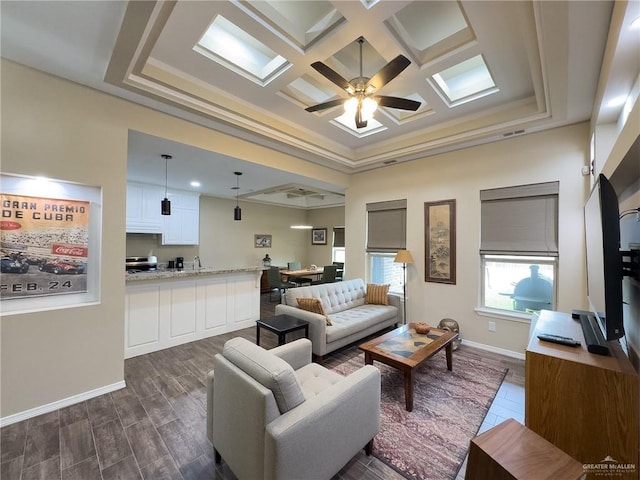 1419 Frente Al Mar Dr, Weslaco, TX 78596 - living room featuring dark wood-type flooring, coffered ceiling, a ceiling fan, visible vents, and baseboards