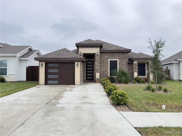 1419 Frente Al Mar Dr, Weslaco, TX 78596 - prairie-style home with a front yard, a garage, a shingled roof, brick siding, and concrete driveway