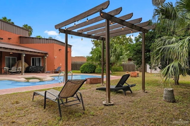 exterior space with a swimming pool with hot tub and a pergola