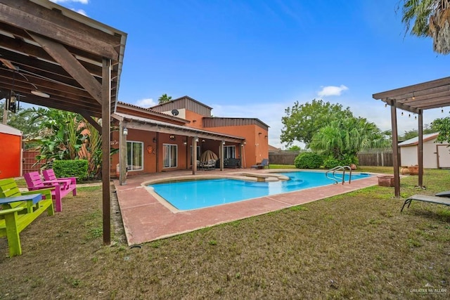 view of pool featuring a patio area, a pergola, and a yard