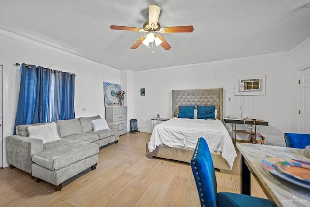 bedroom with ceiling fan, light hardwood / wood-style floors, ornamental molding, and a wall unit AC