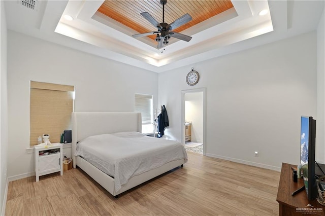 13801 N 37th St, Mcallen, TX 78504 - bedroom with a raised ceiling, light wood-style flooring, wooden ceiling, recessed lighting, and a ceiling fan