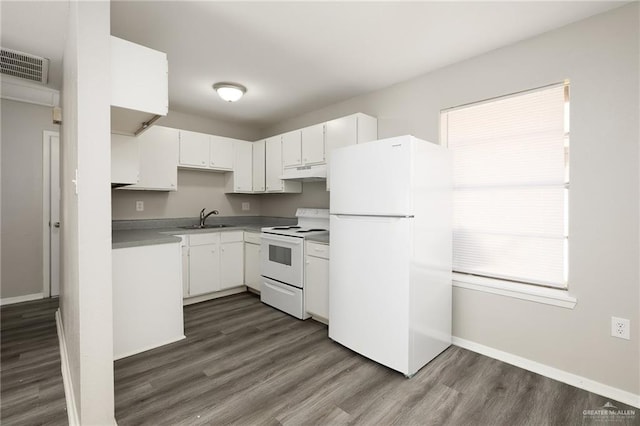 kitchen featuring white cabinetry, sink, white appliances, and dark hardwood / wood-style floors