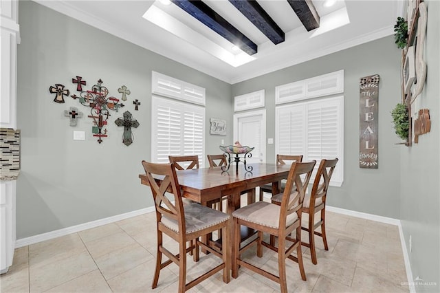 3601 Stratosphere Dr, Edinburg, TX 78539 - dining room featuring a raised ceiling, crown molding, and beamed ceiling