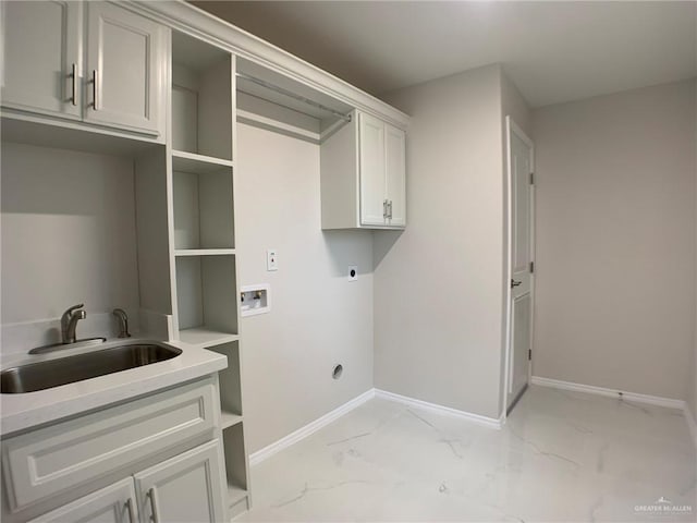 washroom with cabinets, sink, electric dryer hookup, and washer hookup