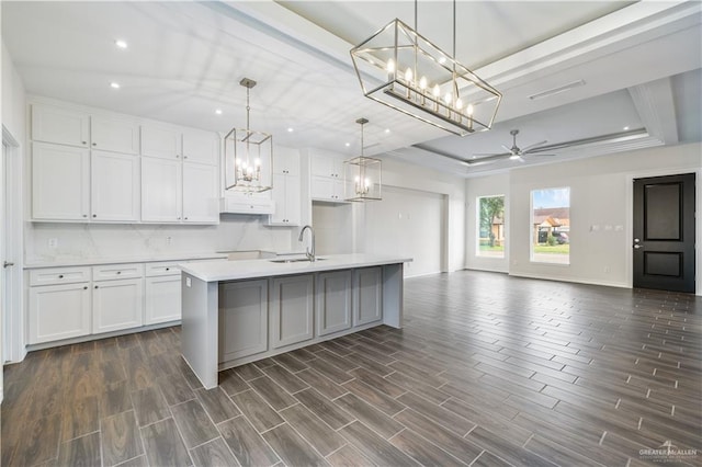 kitchen with light countertops, a tray ceiling, a sink, and white cabinets