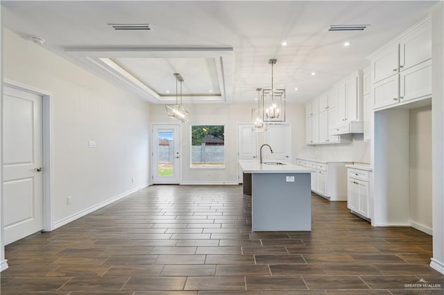 kitchen with a center island with sink, visible vents, wood tiled floor, a tray ceiling, and a sink