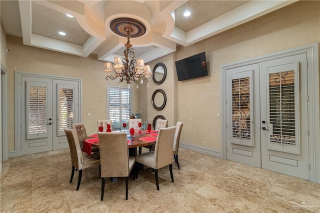 dining room with a chandelier, recessed lighting, french doors, and coffered ceiling