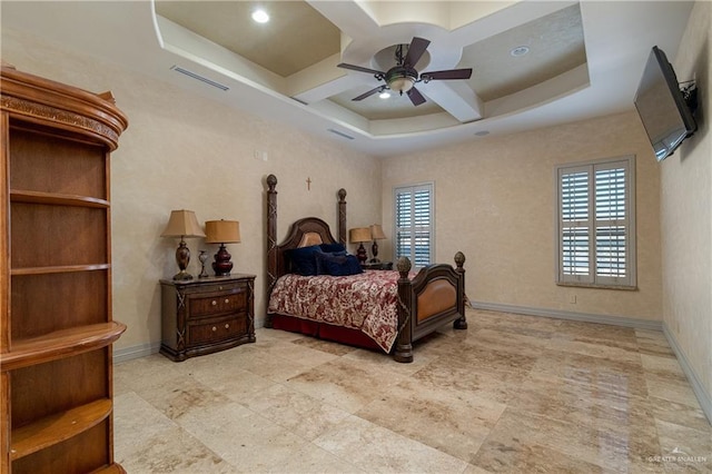 bedroom with ceiling fan, coffered ceiling, visible vents, and baseboards