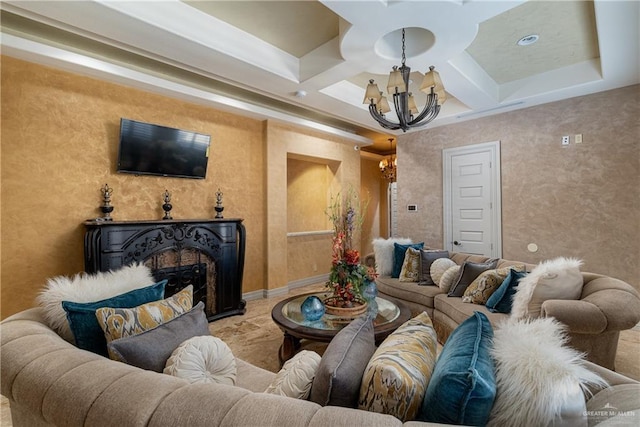 living area with a fireplace, a chandelier, coffered ceiling, beamed ceiling, and baseboards