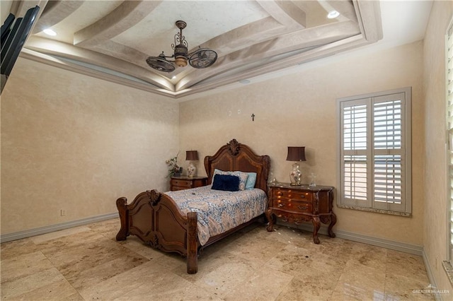 bedroom with crown molding and baseboards