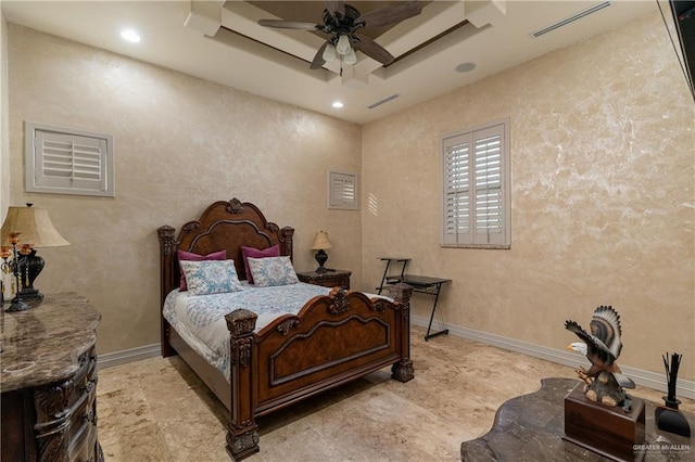 bedroom featuring visible vents, baseboards, a raised ceiling, and recessed lighting