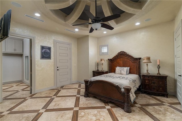 bedroom with visible vents, baseboards, coffered ceiling, and recessed lighting